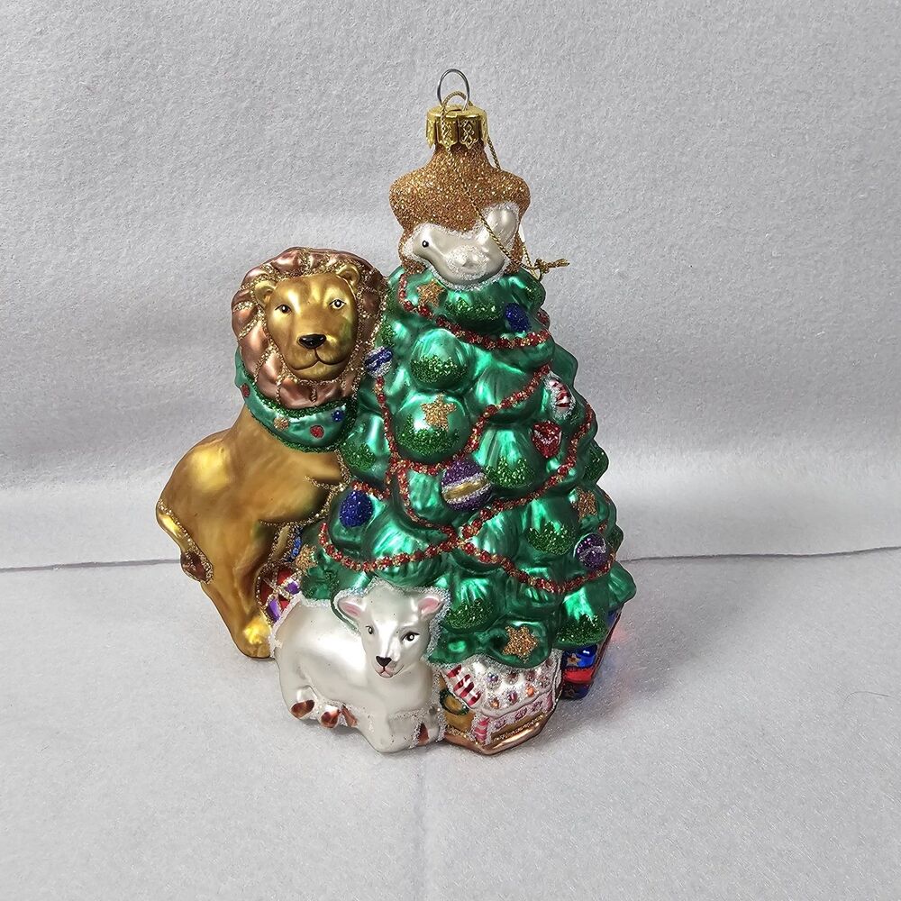 Christmas Ornament Blown Glass Ornament of a Tree with Lion Lamb Dove Vintage